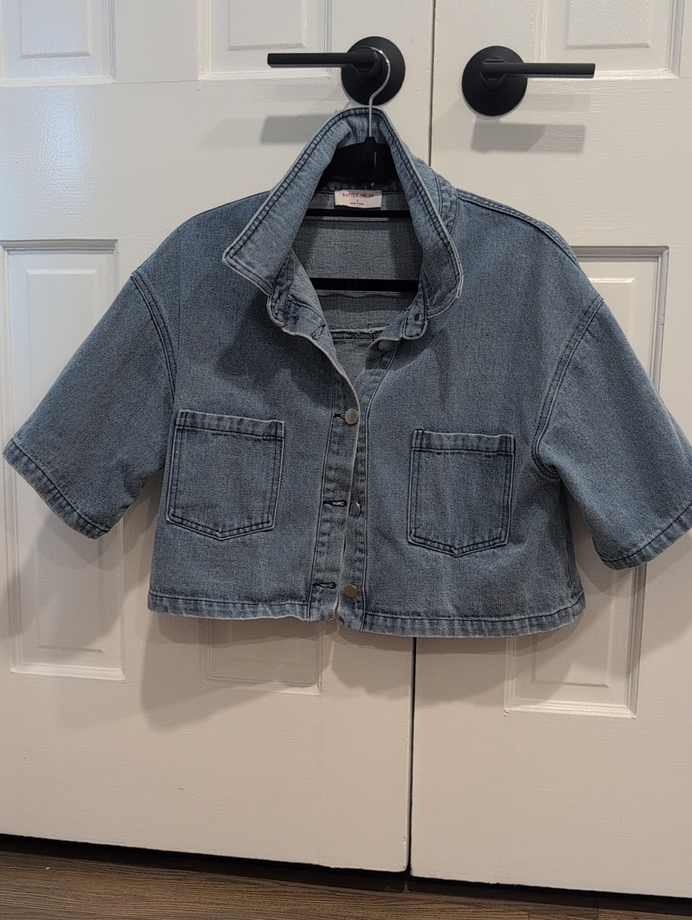 Cropped Denim Shacket in Light Wash Denim